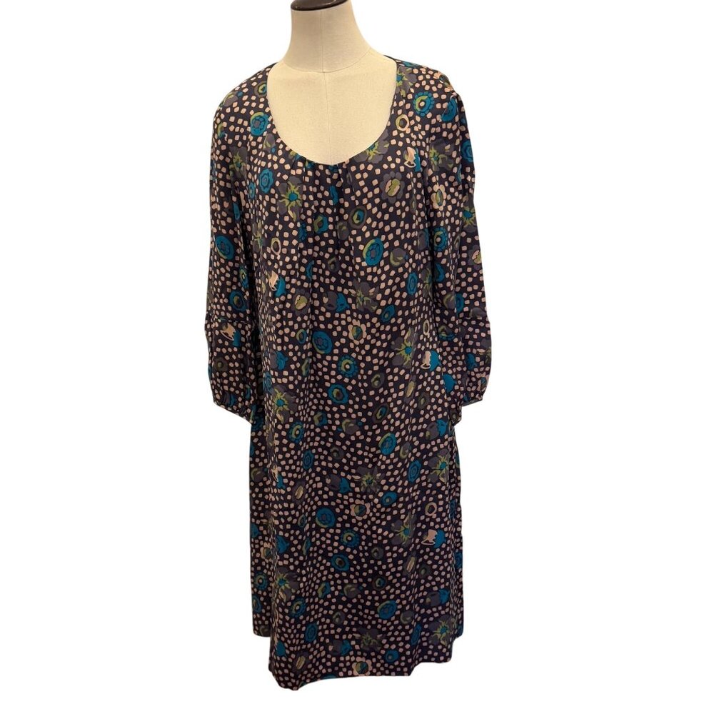Boden Printed Silk Dress UK14 US10L Multicolor Dotted Floral Pattern 3/4 Sleeves